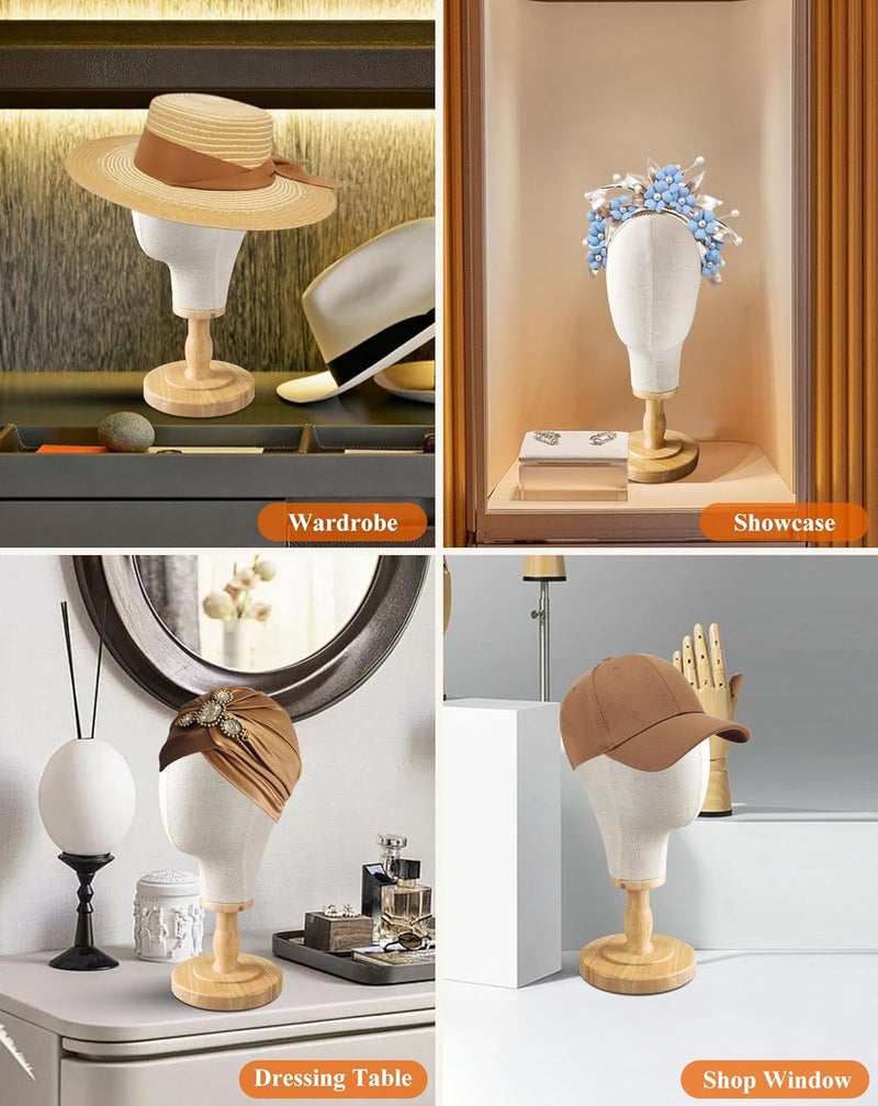 CHADWICK Wig Head Stand Mannequin Head Hat Display Stand Linen Wig Holder, Hat Rack Fabric Head, Canvas Dome + Detachable Wood Stand, Wig Display Model Head Wig Stand for Wigs, Hats, Caps, Headdress - Image 4